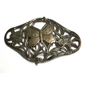 Art Deco Style  Butterfly Flower Floral Brooch Pin Open Work Silver Tone